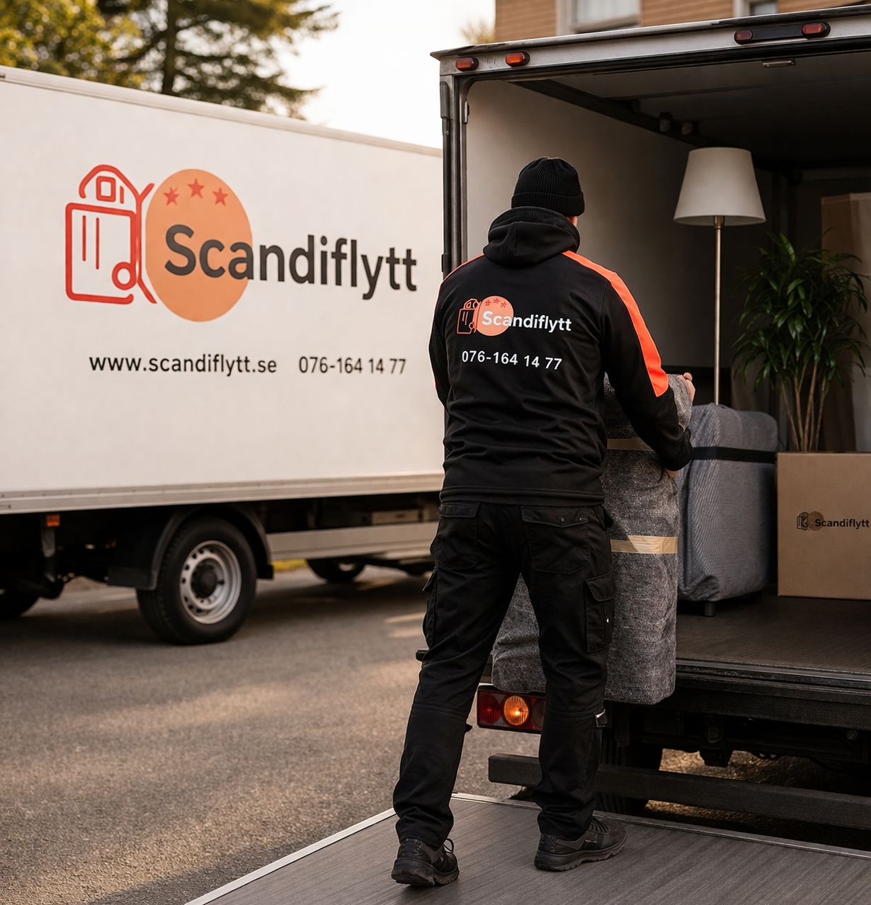 Medarbetare på scandiflytt hjälper kunden flytta
